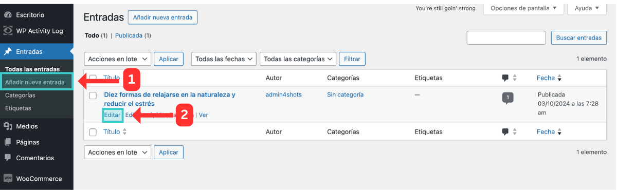 Administración de WordPress señalando Entradas > Añadir nueva si quieres crear una publicación desde cero.