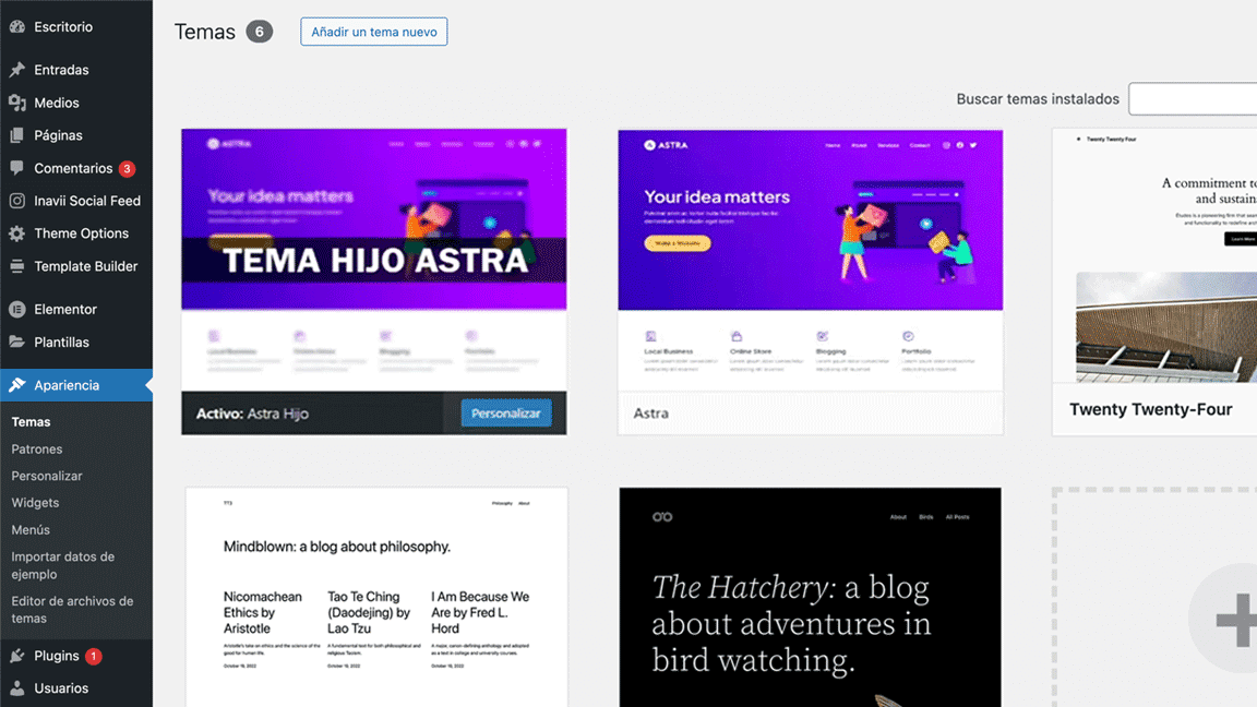 Tema hijo de WordPress en la administración.