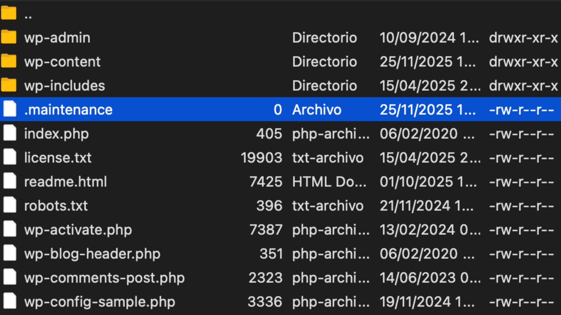 Eliminar archivo .maintenance de WordPress vía FTP