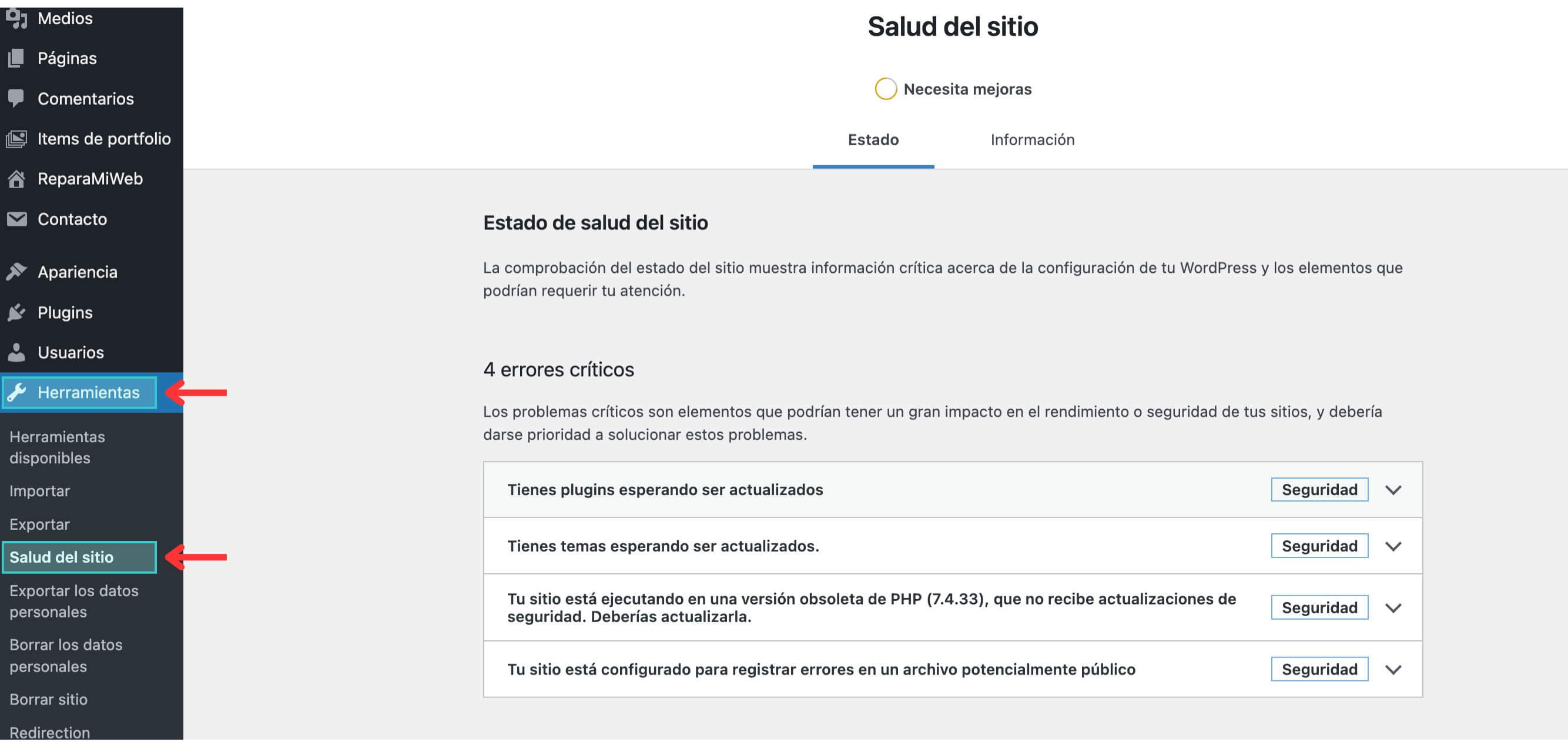 Tareas de mantenimiento diarias: Revisa la salud del sitio