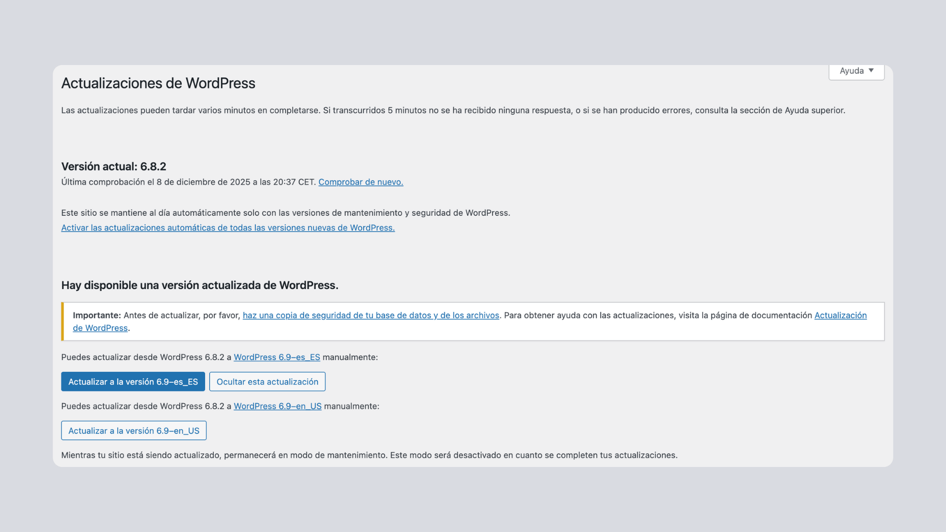 Errores mantenimiento WordPress. No actualizar WordPress, temas o plugins