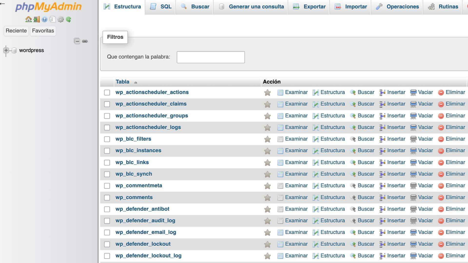 Administración base de datos de WordPress a través de phpMyAdmin para mantenimiento de WordPress